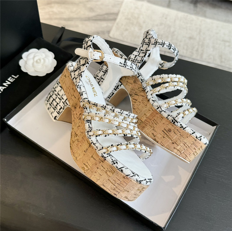 Ch**el tweed chain platform sandals