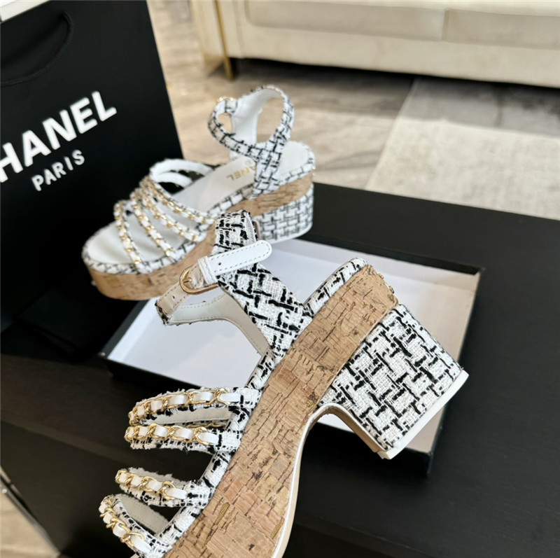 Ch**el tweed chain platform sandals
