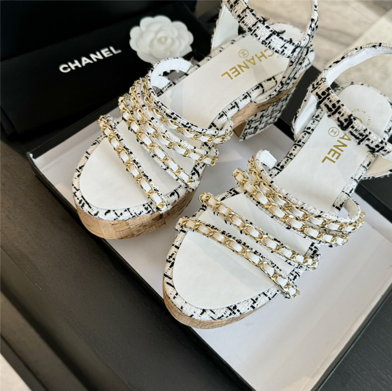 Ch**el tweed chain platform sandals