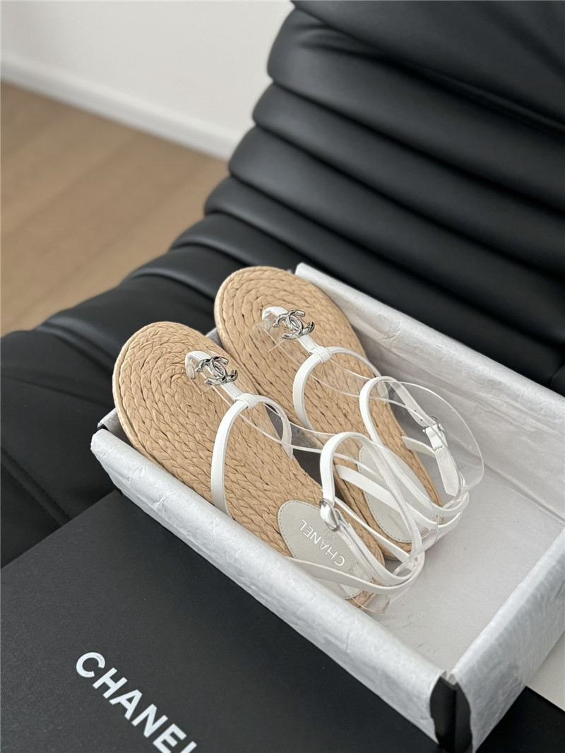 Ch**el beige calfskin raffia slingback sandals