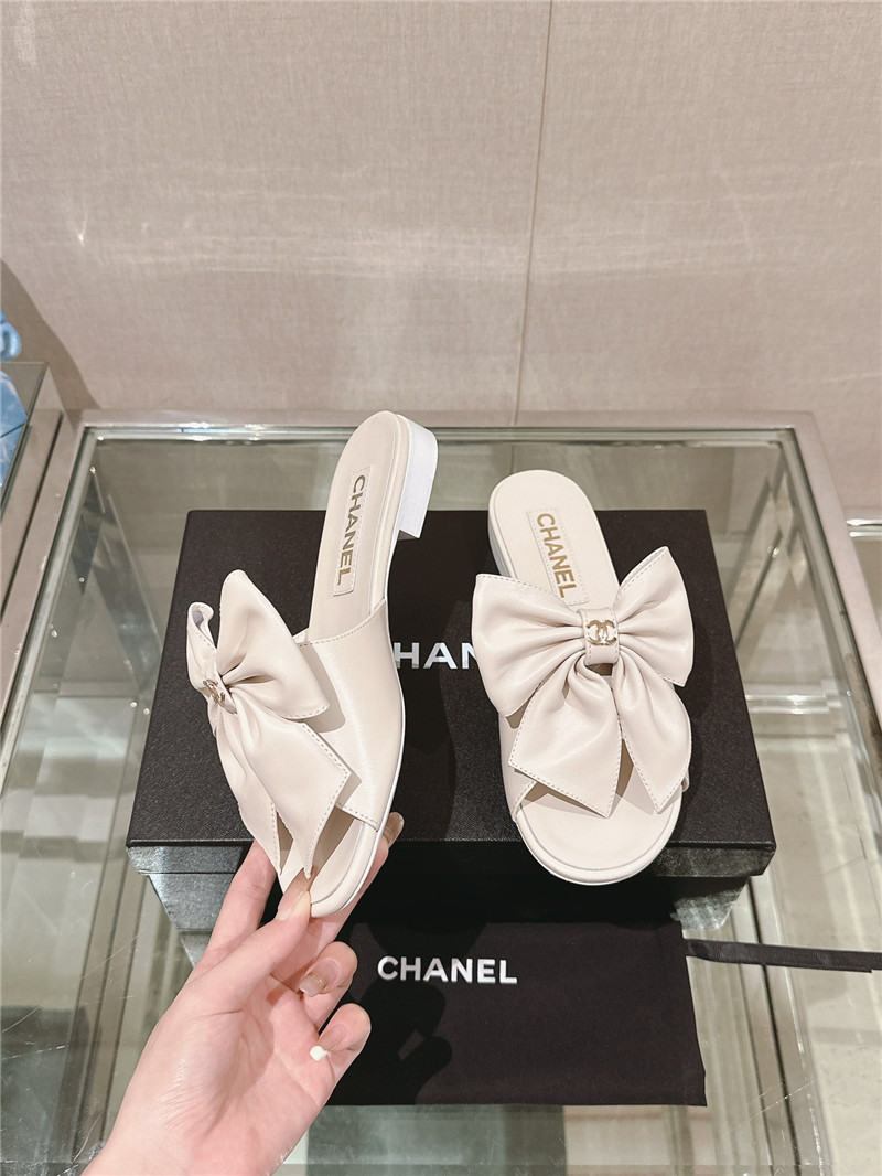 Ch**el flat silk bow leather sandals white