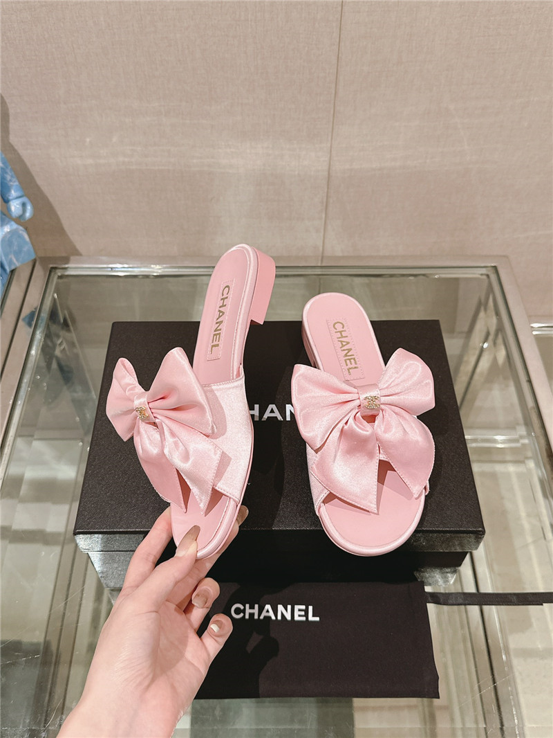 Ch**el flat silk bow leather sandals pink
