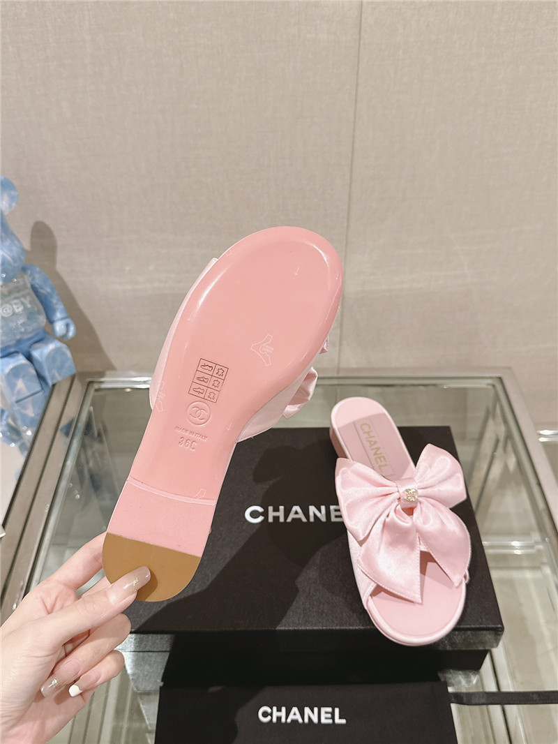 Ch**el flat silk bow leather sandals pink