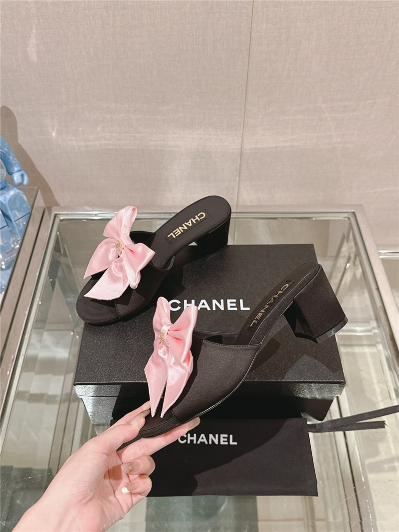 Ch**el chunky heel silk bow leather sandals in pink