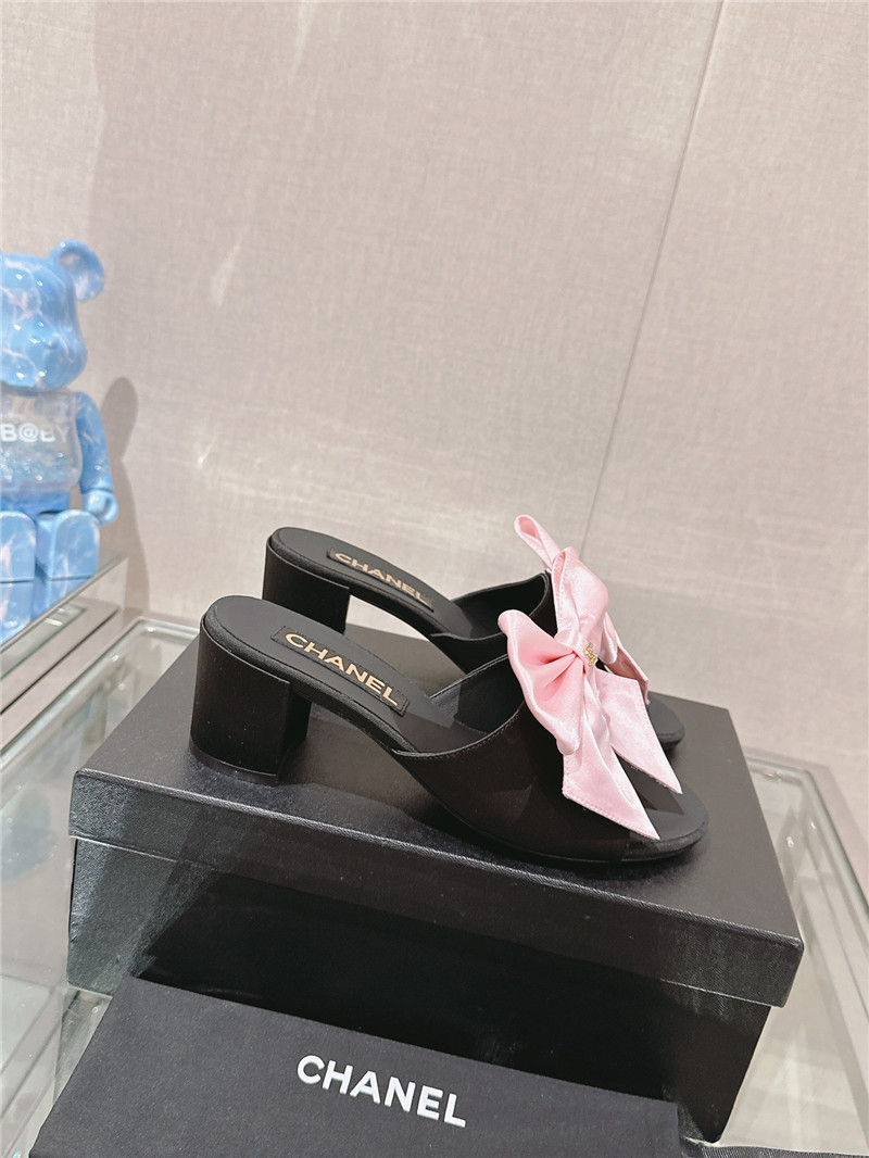 Ch**el chunky heel silk bow leather sandals in pink