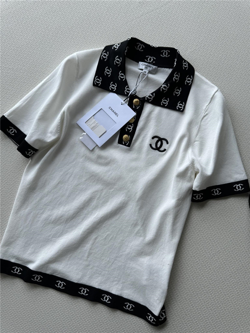 Ch**el contrast color lapel knitted short sleeves replica clothes