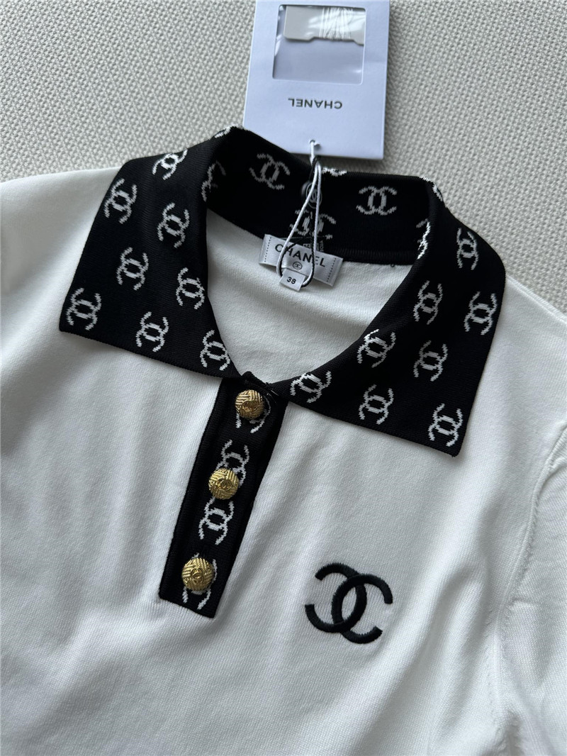 Ch**el contrast color lapel knitted short sleeves replica clothes