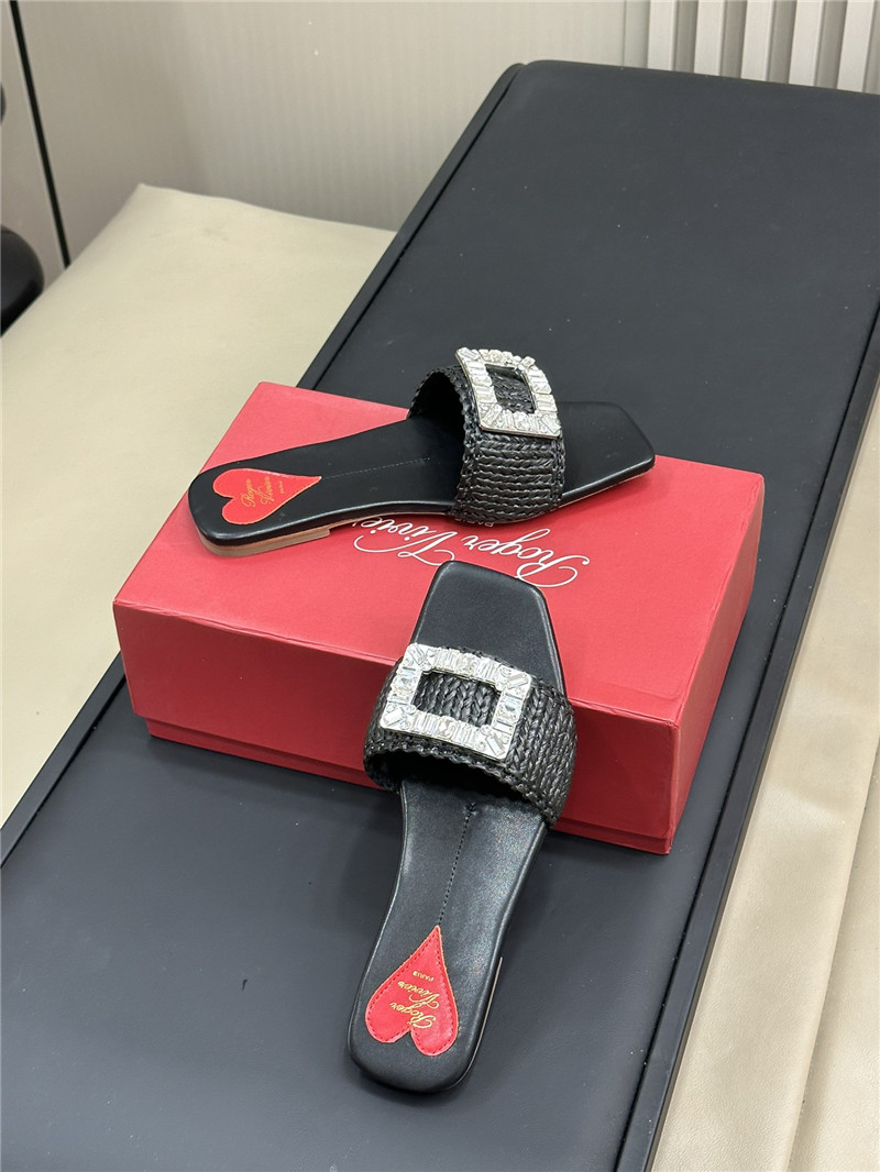 Roger Vivier Buckle Raffia Flat Slides  Black