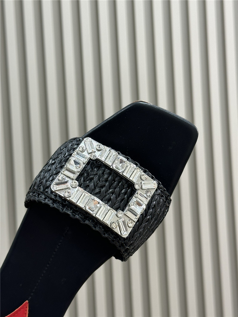 Roger Vivier Buckle Raffia Flat Slides  Black