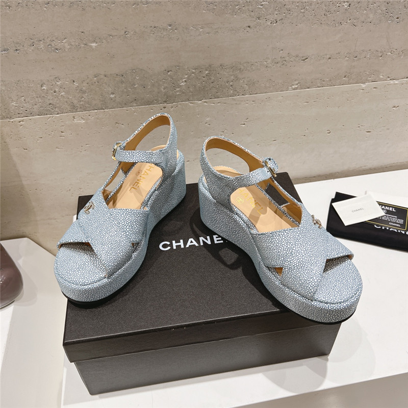 Ch**el open toe platform blue suede sandals