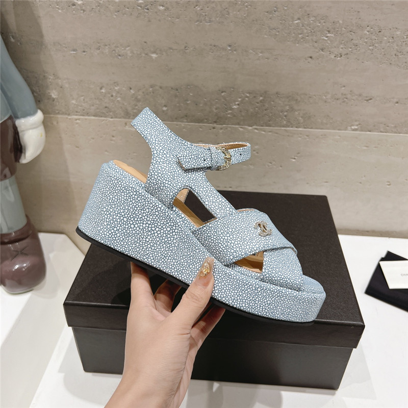 Ch**el open toe platform blue suede sandals