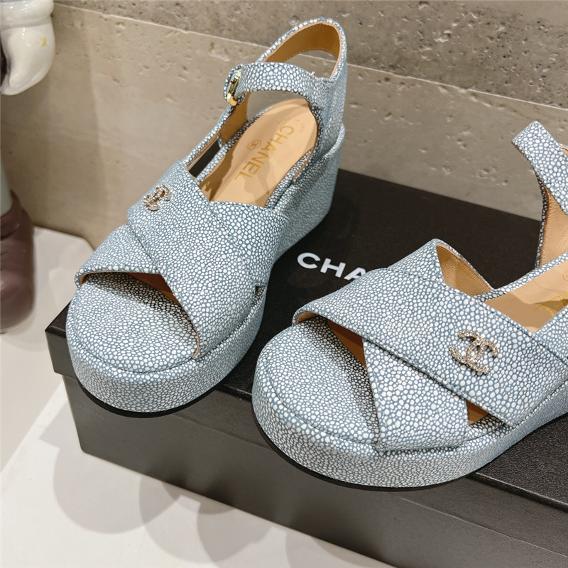 Ch**el open toe platform blue suede sandals