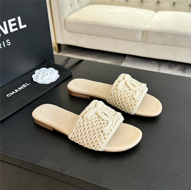 Ch**el logo beige tweed leather flat slides