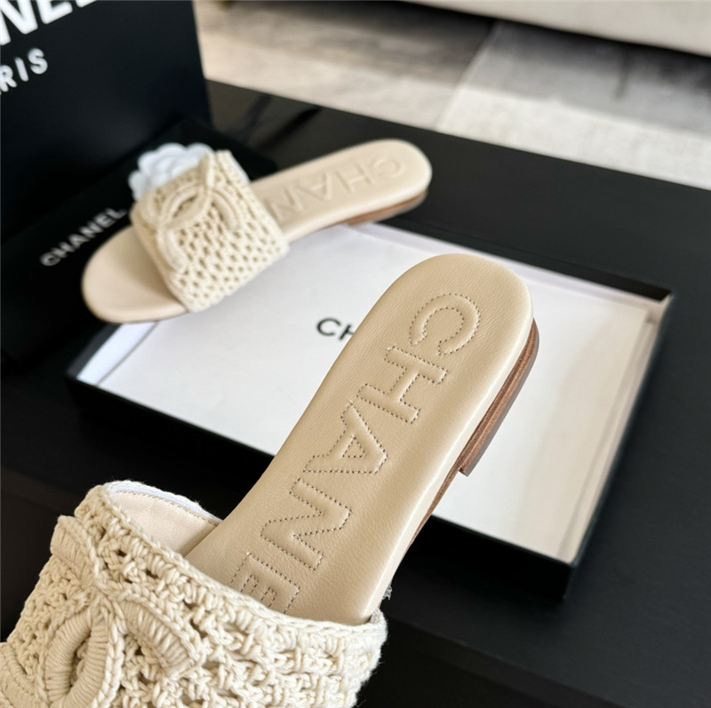 Ch**el logo beige tweed leather flat slides