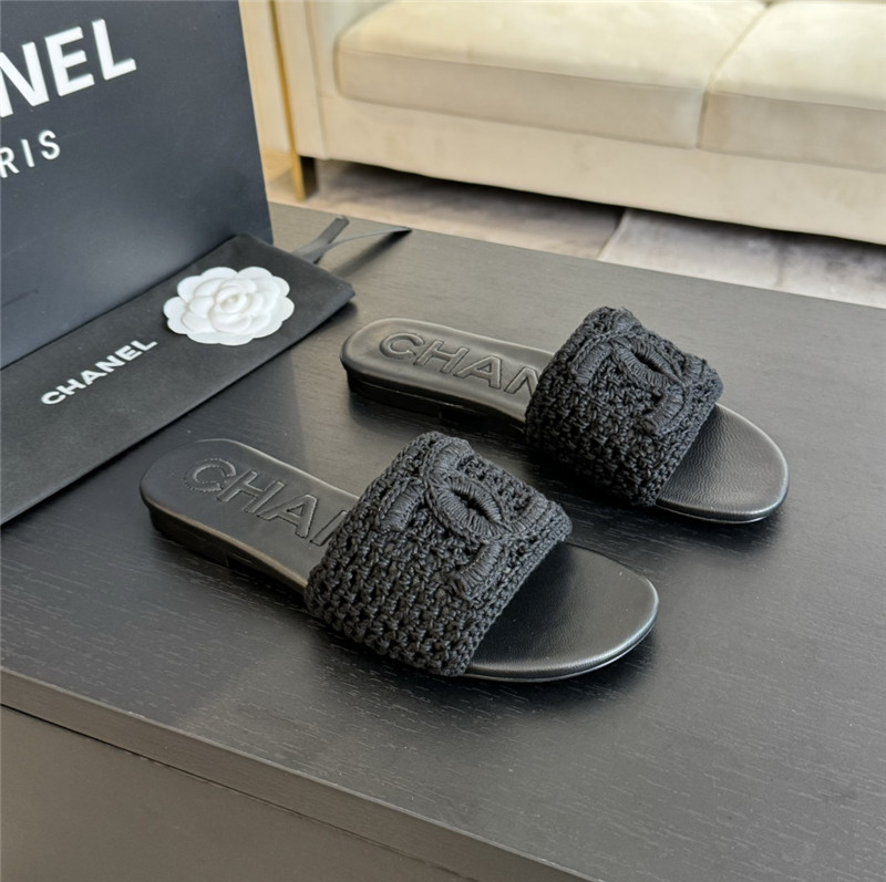 Ch**el logo black tweed leather flat slides