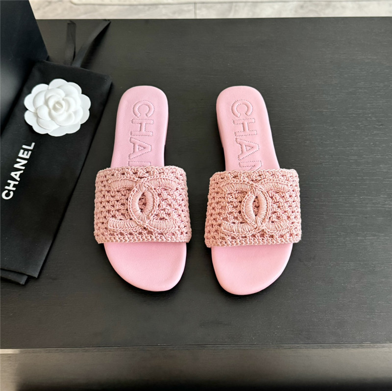 Ch**el logo pink tweed leather flat slides