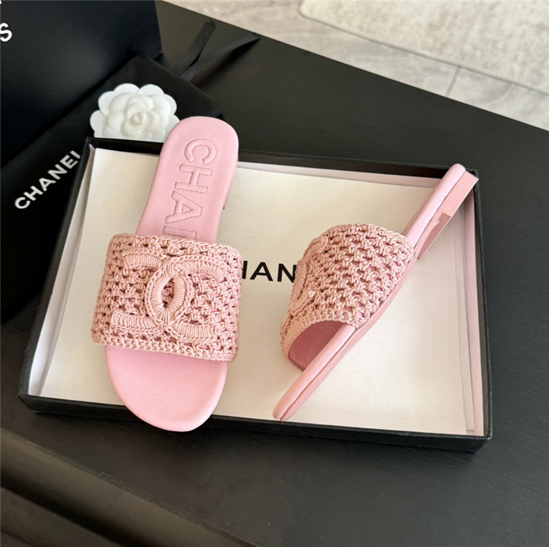 Ch**el logo pink tweed leather flat slides