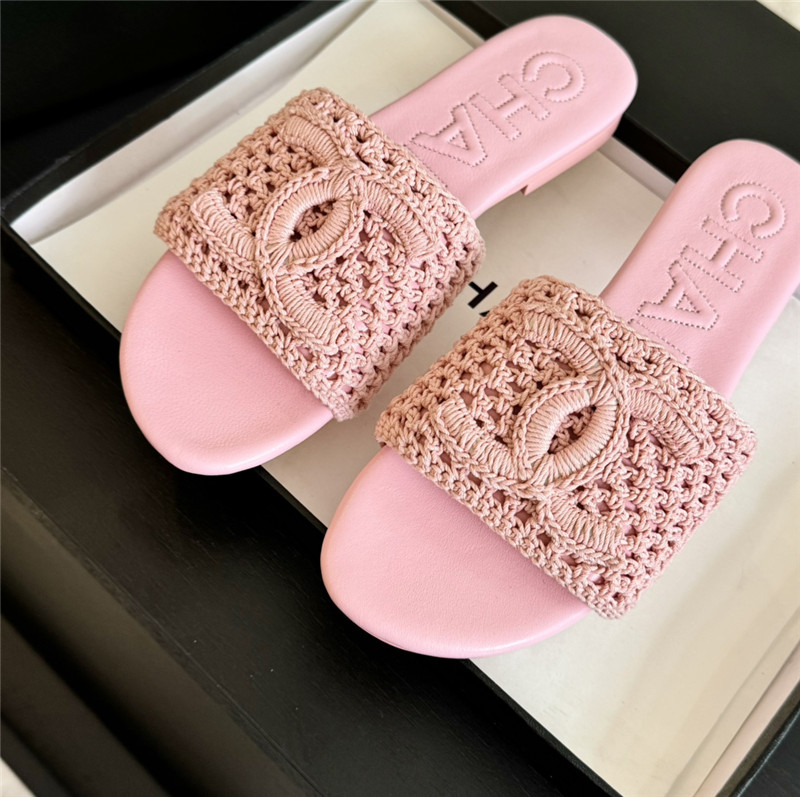 Ch**el logo pink tweed leather flat slides