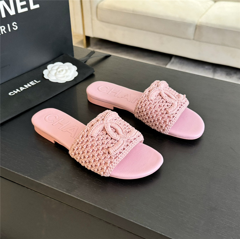 Ch**el logo pink tweed leather flat slides