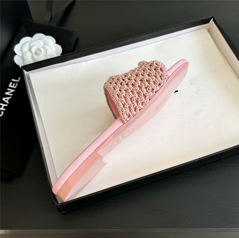 Ch**el logo pink tweed leather flat slides