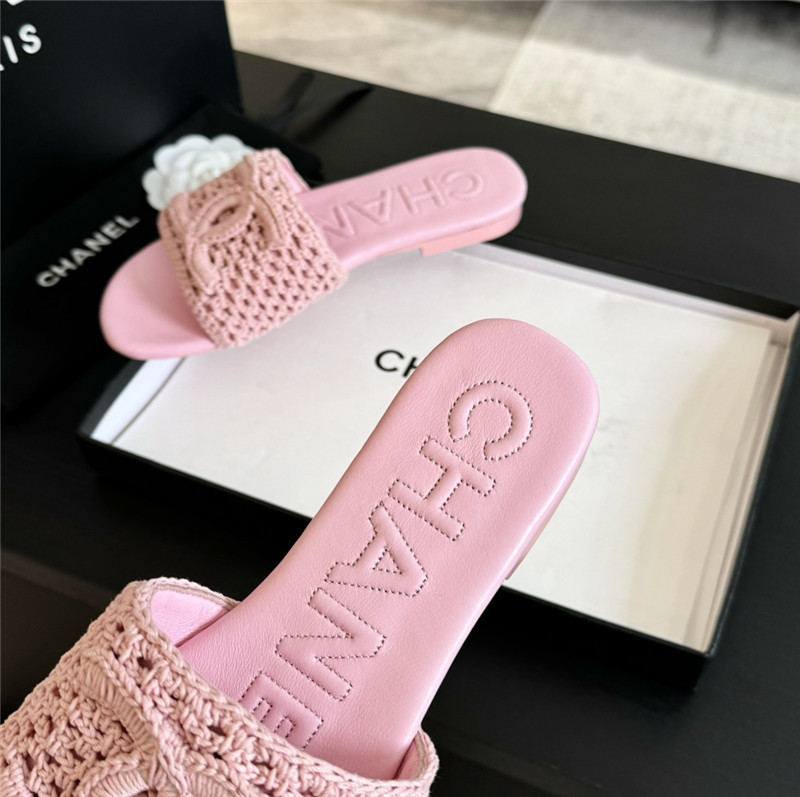 Ch**el logo pink tweed leather flat slides