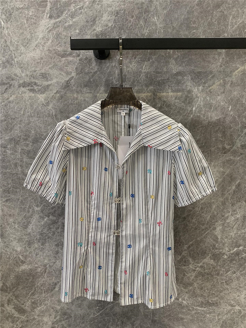 Ch**el colorful logo striped puff sleeve shirt replica clothing