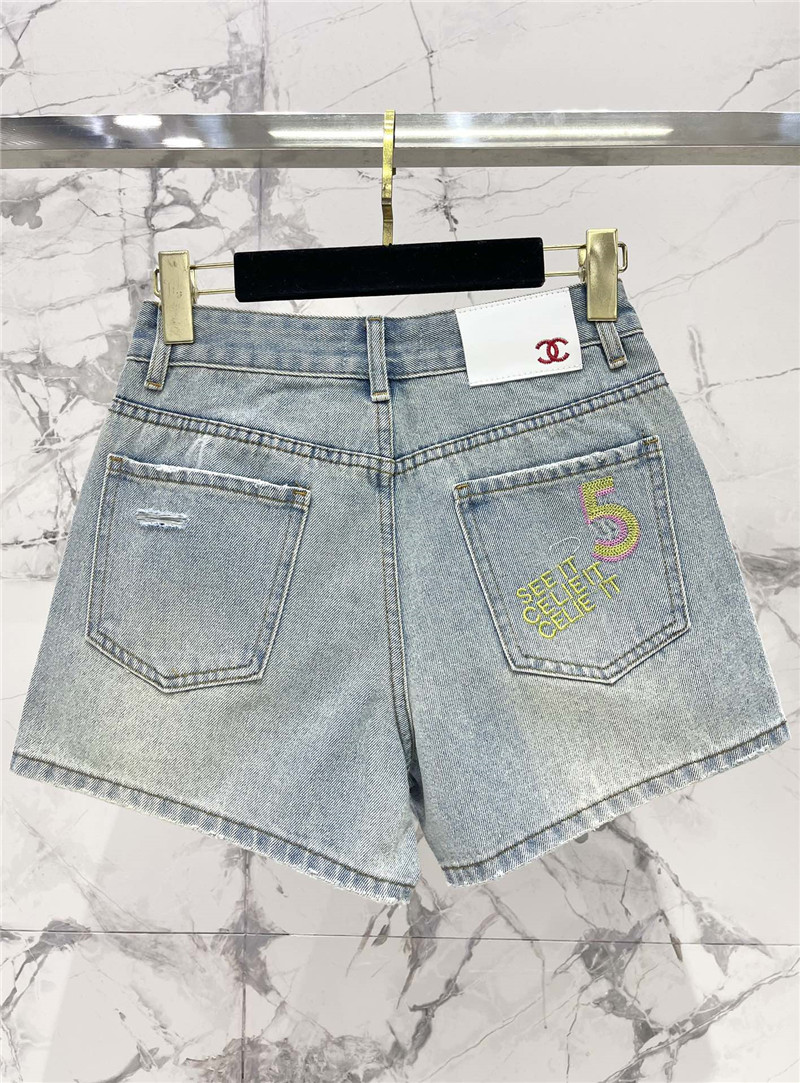 Ch**el two-tone embroidered ripped denim shorts replica clothes