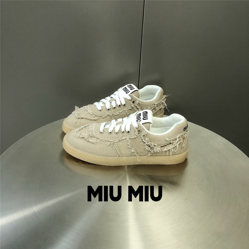 Miu Miu Beige Lace-Up Canvas Sneakers