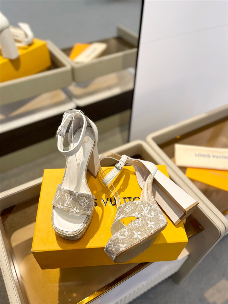 l0vis Vvtt0n monogram jacquard denim platform sandals beige