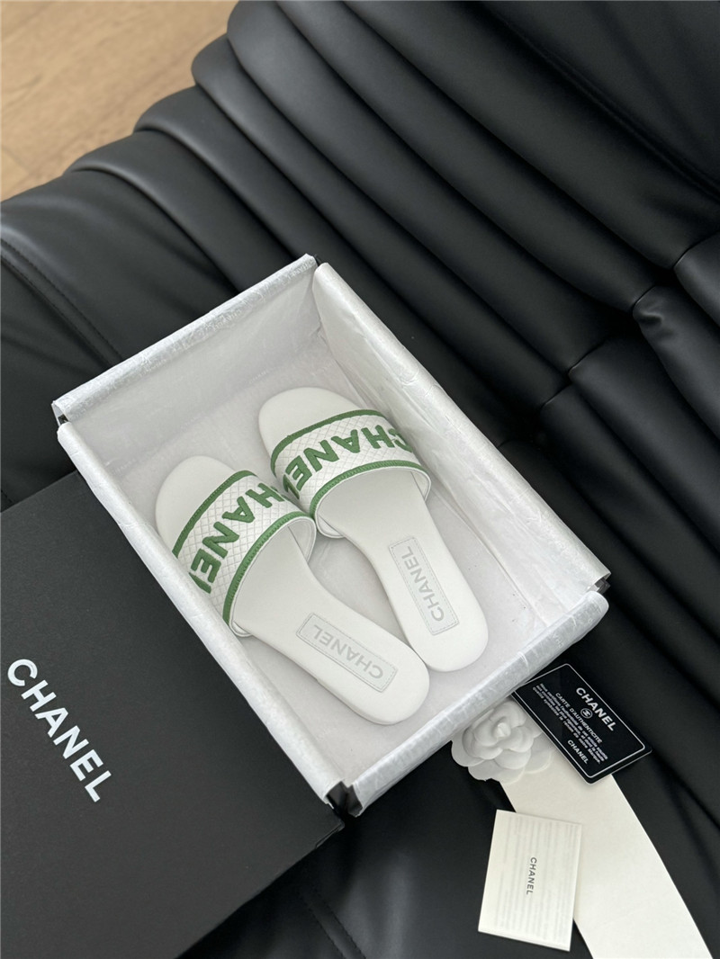 Ch**el woven embroidered logo letter slippers white green