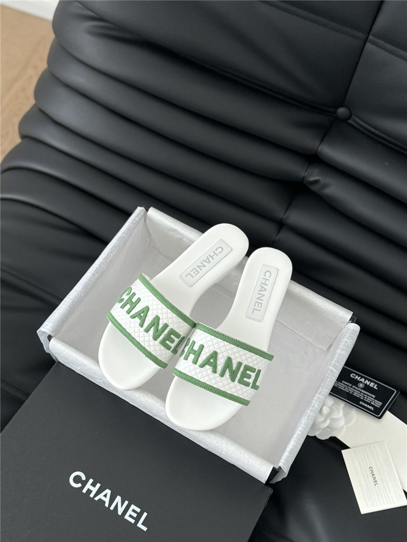 Ch**el woven embroidered logo letter slippers white green