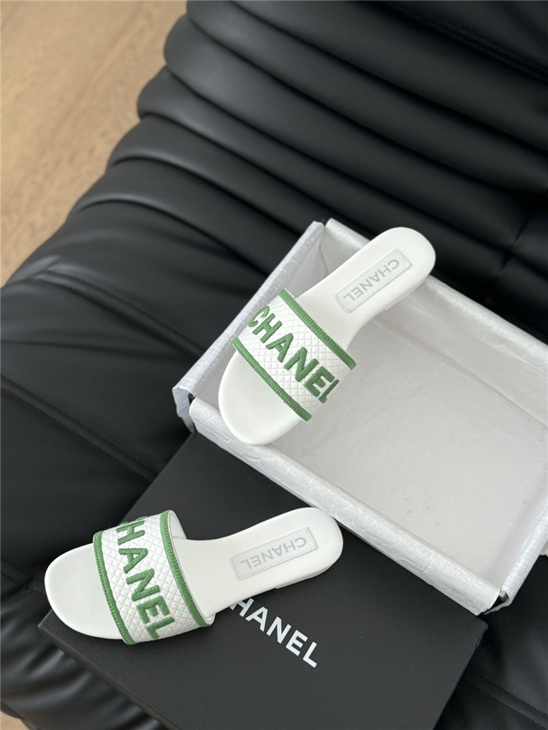 Ch**el woven embroidered logo letter slippers white green