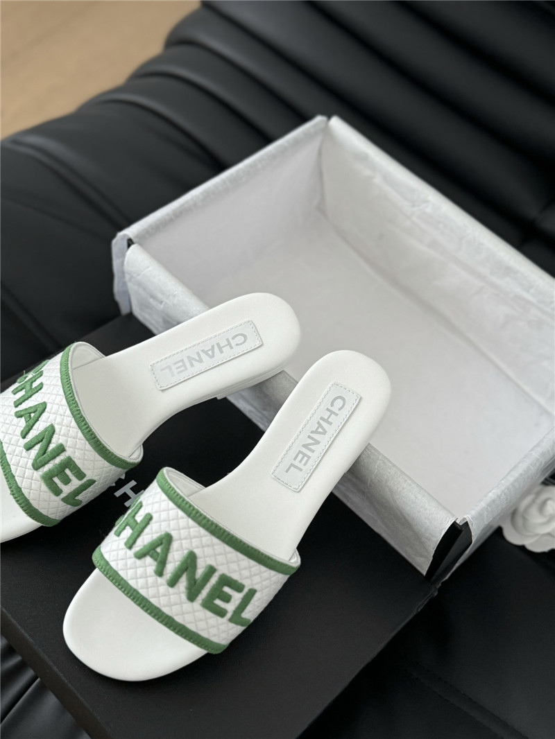Ch**el woven embroidered logo letter slippers white green