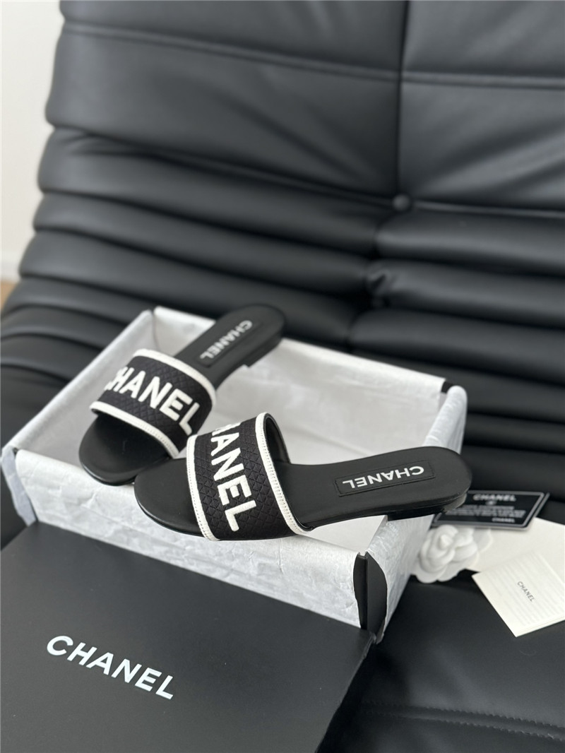 Ch**el woven embroidered logo letter slippers black white