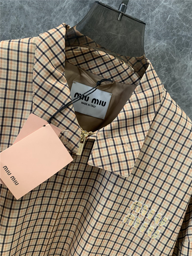 M1um1u contrast color plaid stand collar zipper jacket replicas clothes