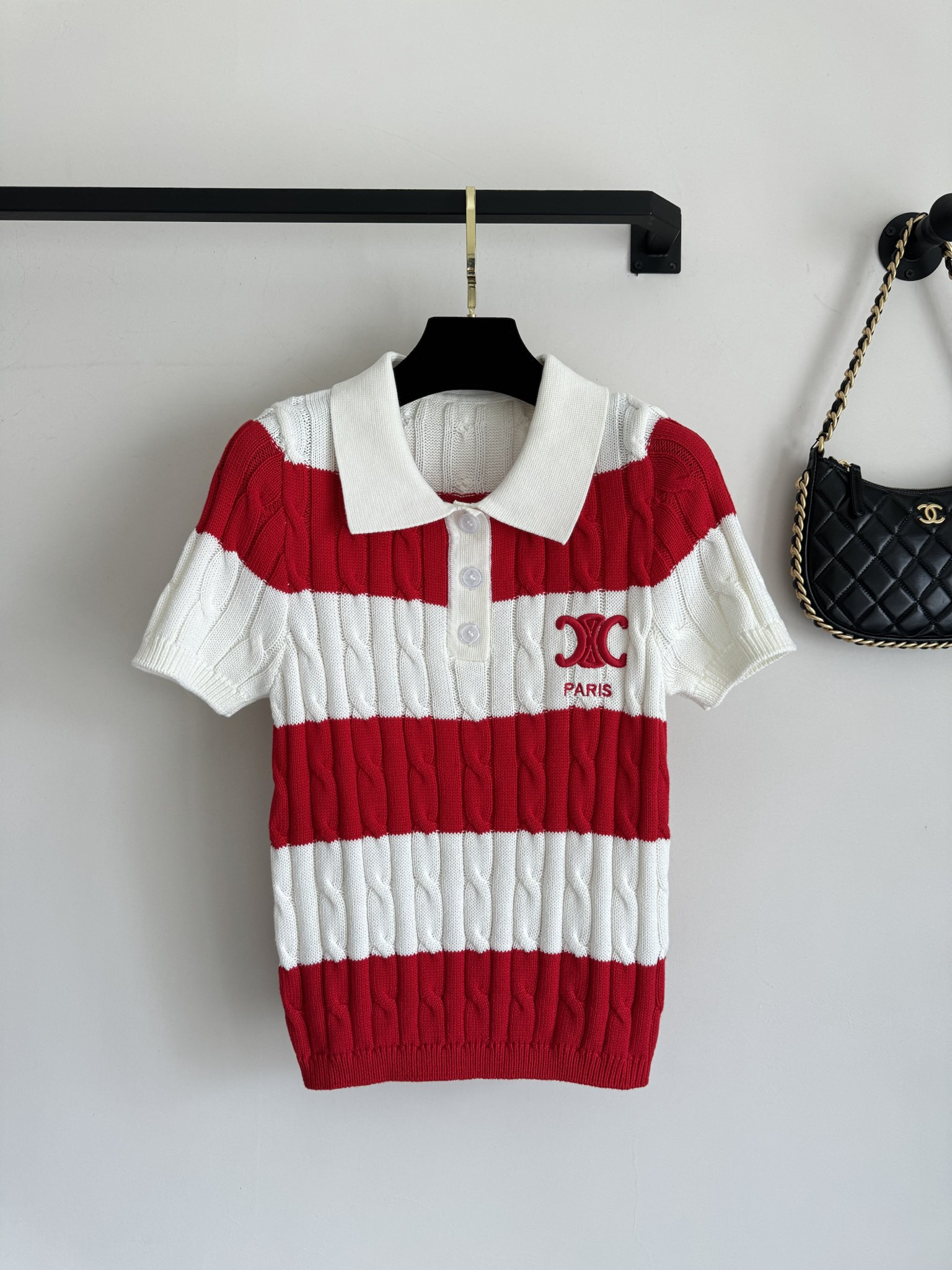 Ce1i*e striped cable-knit polo shirt red