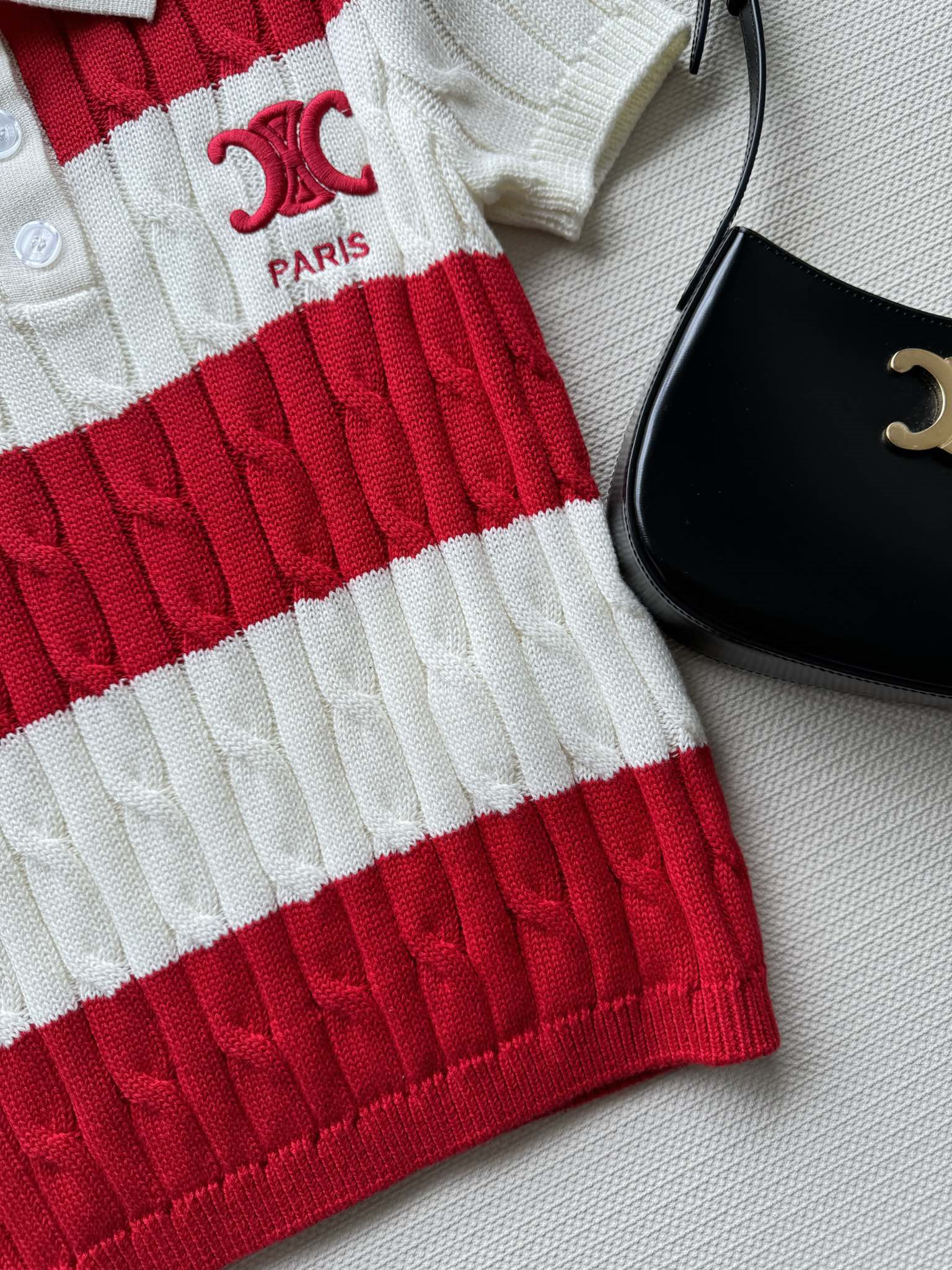 Ce1i*e striped cable-knit polo shirt red