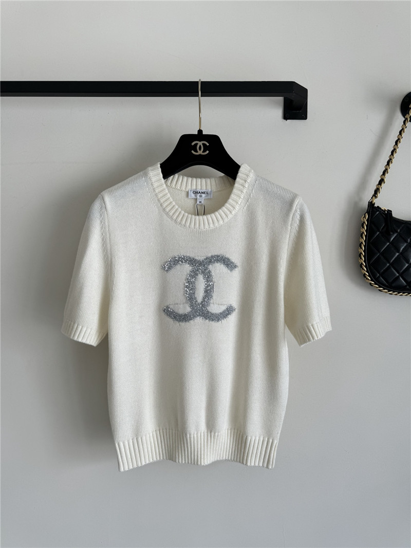 Ch**el logo jacquard knit t-shirt white