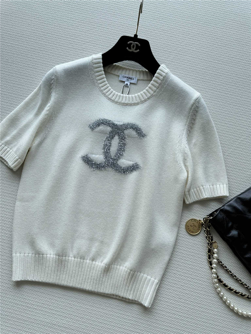 Ch**el logo jacquard knit t-shirt white
