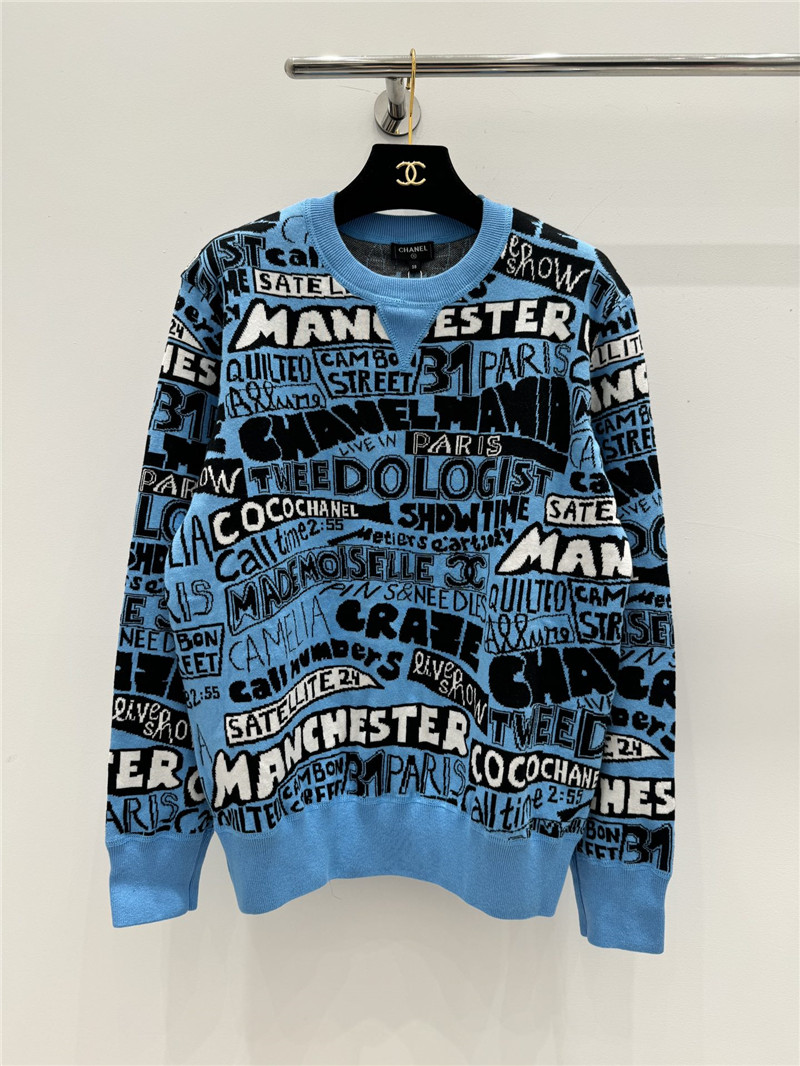 Ch**el letter jacquard crew neck sweater blue