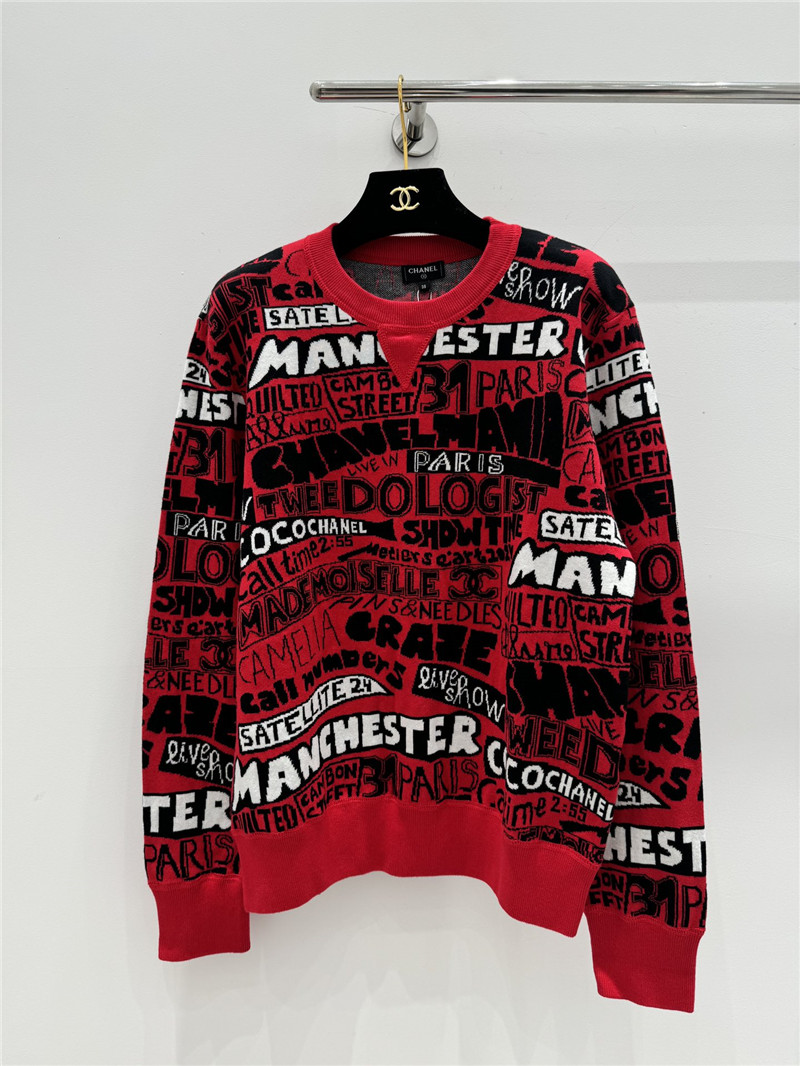 Ch**el letter jacquard crew neck sweater red