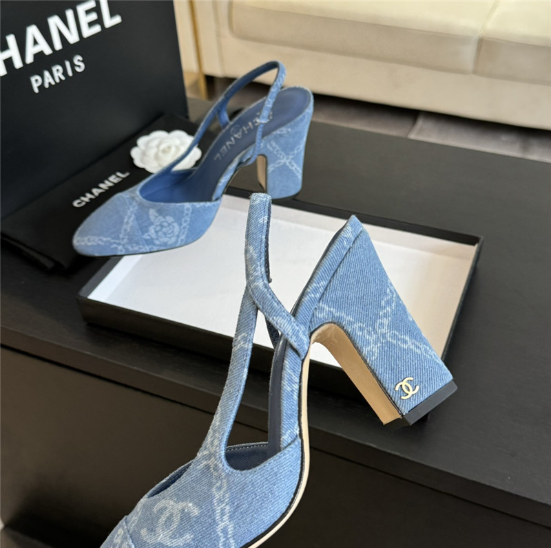Ch**el slingback sandals in blue printed denim