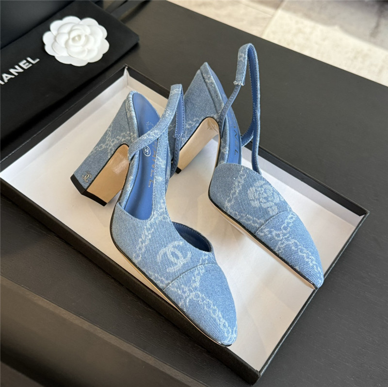 Ch**el slingback sandals in blue printed denim