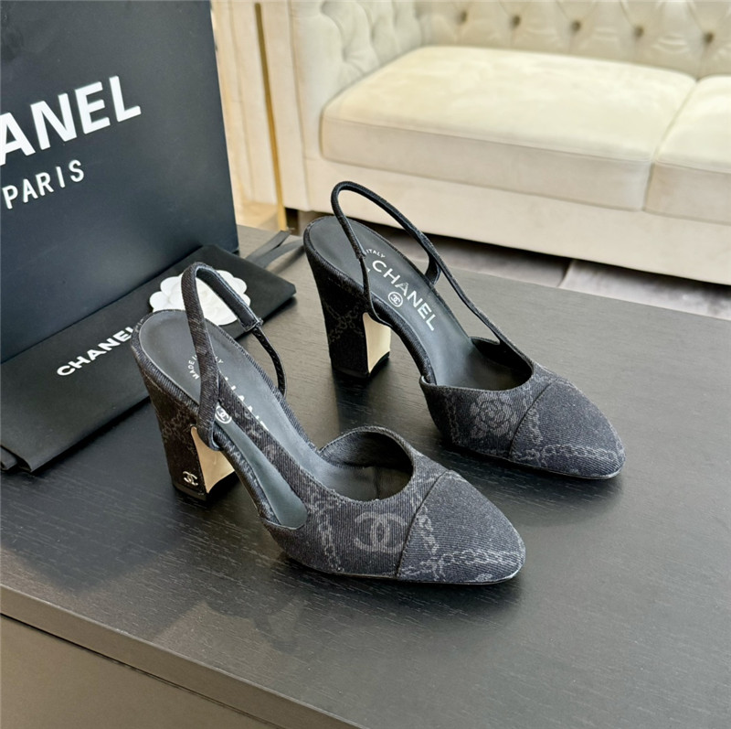 Ch**el slingback sandals in black printed denim