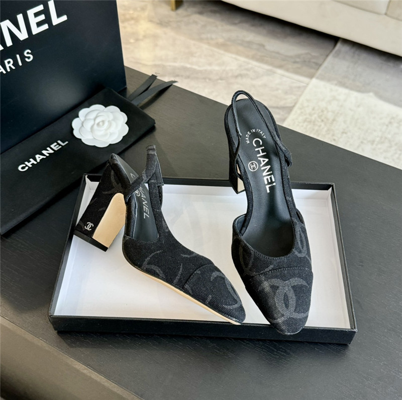 Ch**el slingback sandals in black printed denim