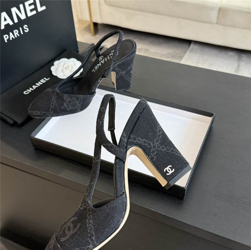 Ch**el slingback sandals in black printed denim