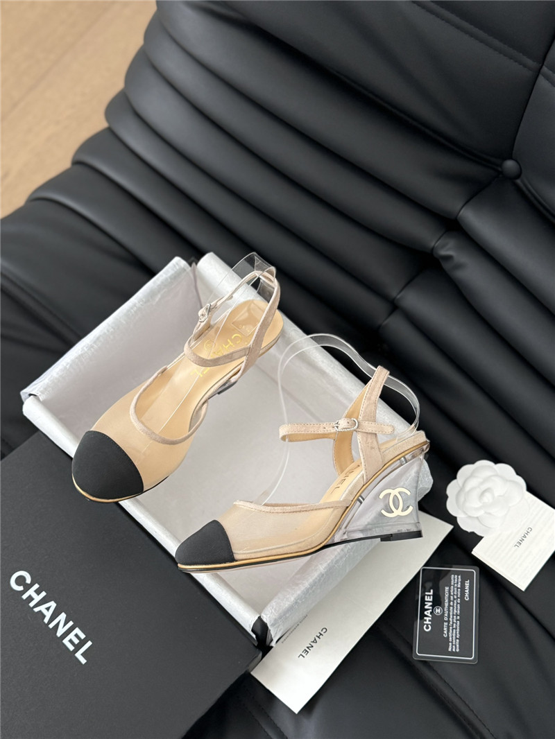 Ch**el beige mesh cap-toe ankle wedge sandal