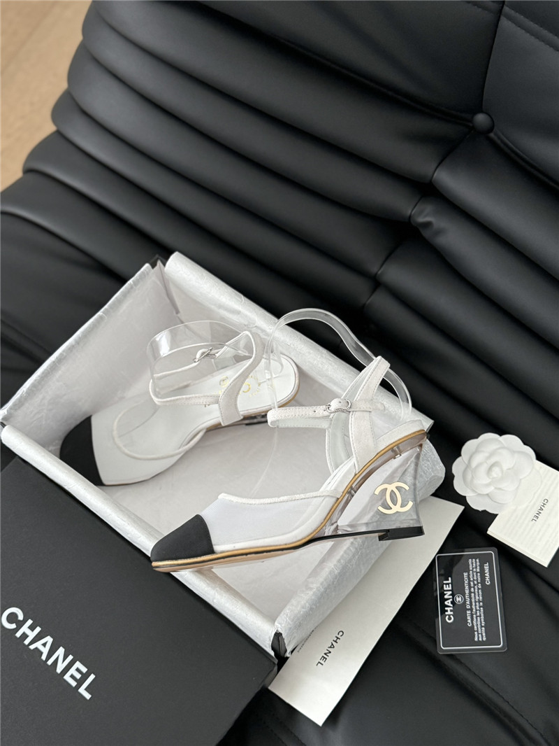 Ch**el white mesh cap-toe ankle wedge sandal
