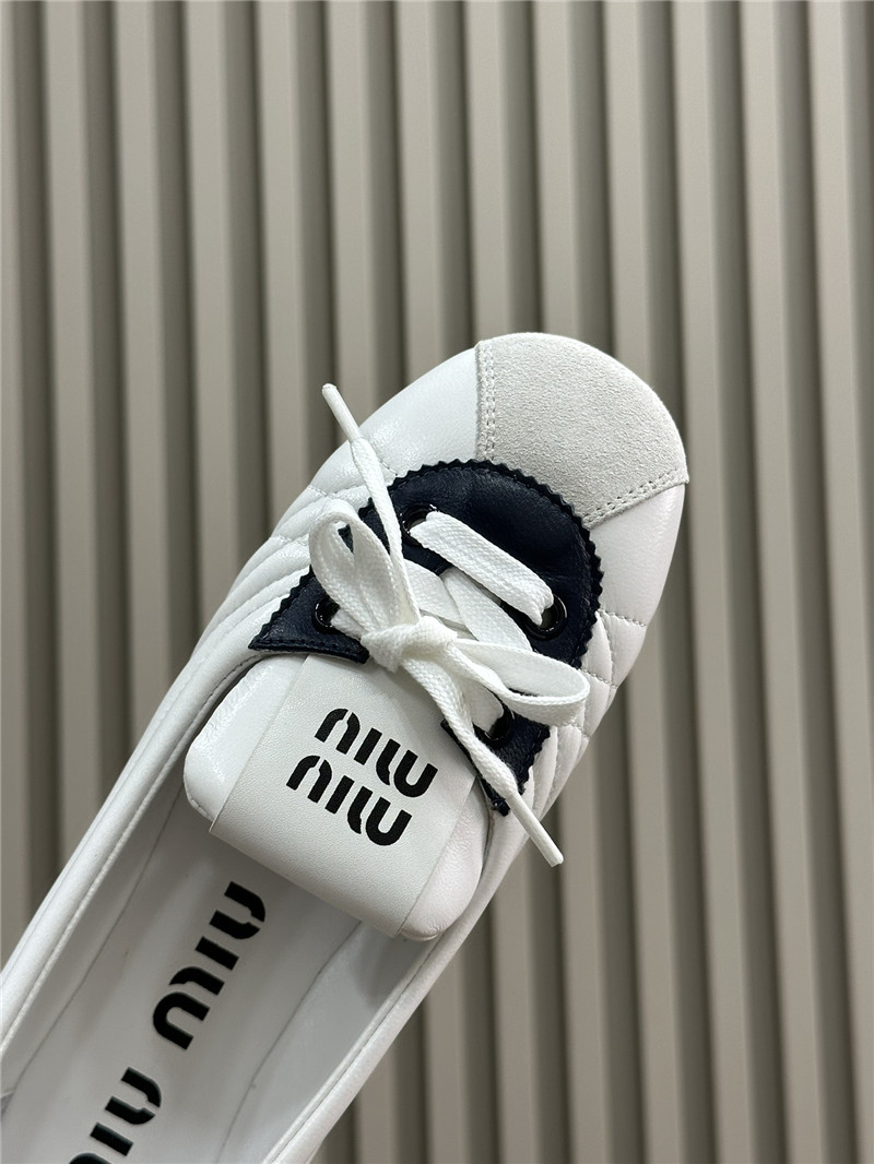 Miu Miu Lace-Up Leather Ballet Flats in White and Navy