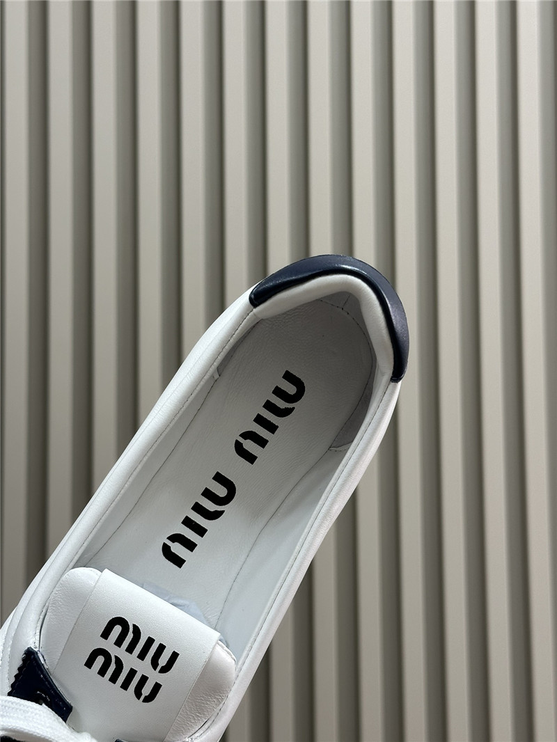 Miu Miu Lace-Up Leather Ballet Flats in White and Navy